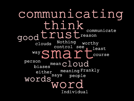 A word cloud, wherein the largest words are 'think', 'trust', 'smart', and 'communicating'.